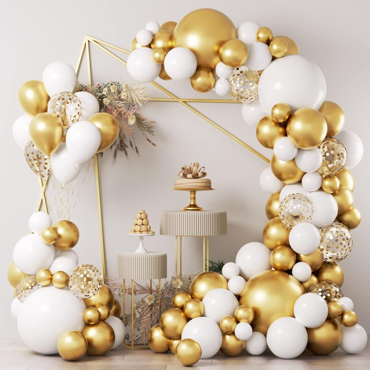 White and Gold Balloons Garland Kit, 124pcs White Metallic Gold Confetti Balloon Arch Kit